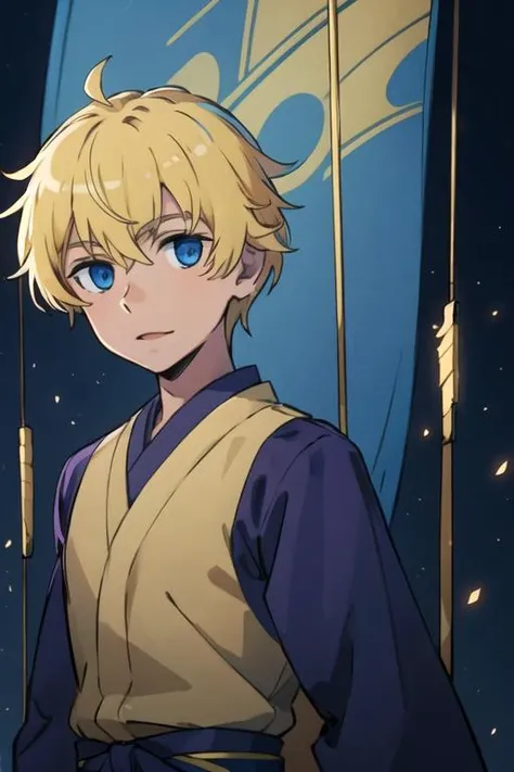 (best quality:1.1), (masterpiece:1.4), movie still, 1boy, solo, male focus, looking at viewer, upper body, depth of field, ligne claire, , <lora:finne_deimne:0.76>, finne_deimne, blonde hair, blue eyes, japanese costume, science fiction horror,