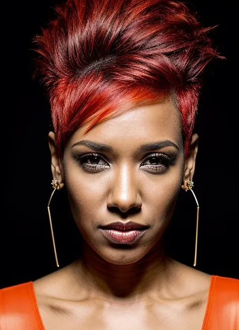 portrait of sks woman by Flora Borsi, style by Flora Borsi, bold, bright colours, orange Mohawk haircut, ((Flora Borsi)), <lora:locon_candicepatton_v1_from_v1_64_32:1>
