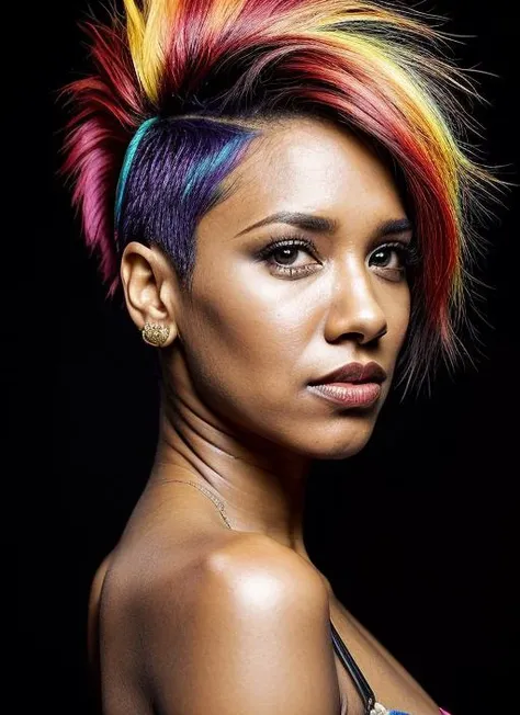portrait of sks woman by Flora Borsi, style by Flora Borsi, bold, bright colours, rainbow Mohawk haircut, ((Flora Borsi)), <lora:locon_candicepatton_v1_from_v1_64_32:1>