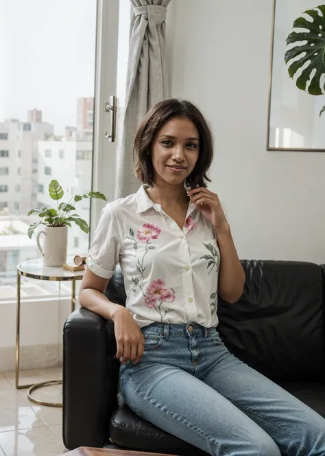 (medium-full shot, RAW, 85mm)
BREAK
<lyco:candice patton, sks woman:1.2> sks woman, dark skin, short hair, female focus, smiling, closed mouth, looking at viewer, sitting on couch,
blouse, floral pattern, jeans,
<lora:epiCRealismHelper:0.5>
BREAK
green ferns, indoors, marble floor, glass walls,