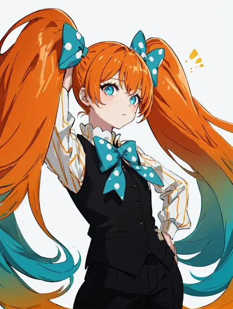 1girl, titan, very long hair, shirt, vest, twintails, polka dot bow, orange gradient hair <lora:titan:0.7>