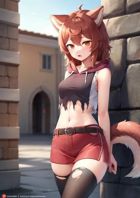 (masterpiece, best quality:1.2), extremely detailed, soft ambient lighting, sharp focus, 4K, BREAK <lora:lili3:0.75>, 1girl, solo, liliruca arde, sleeveless hoodie, red shorts, belt, torn thighhighs, animal ears, tail, upset, BREAK outdoors, medieval city, plaza, public, looking at viewer, BREAK