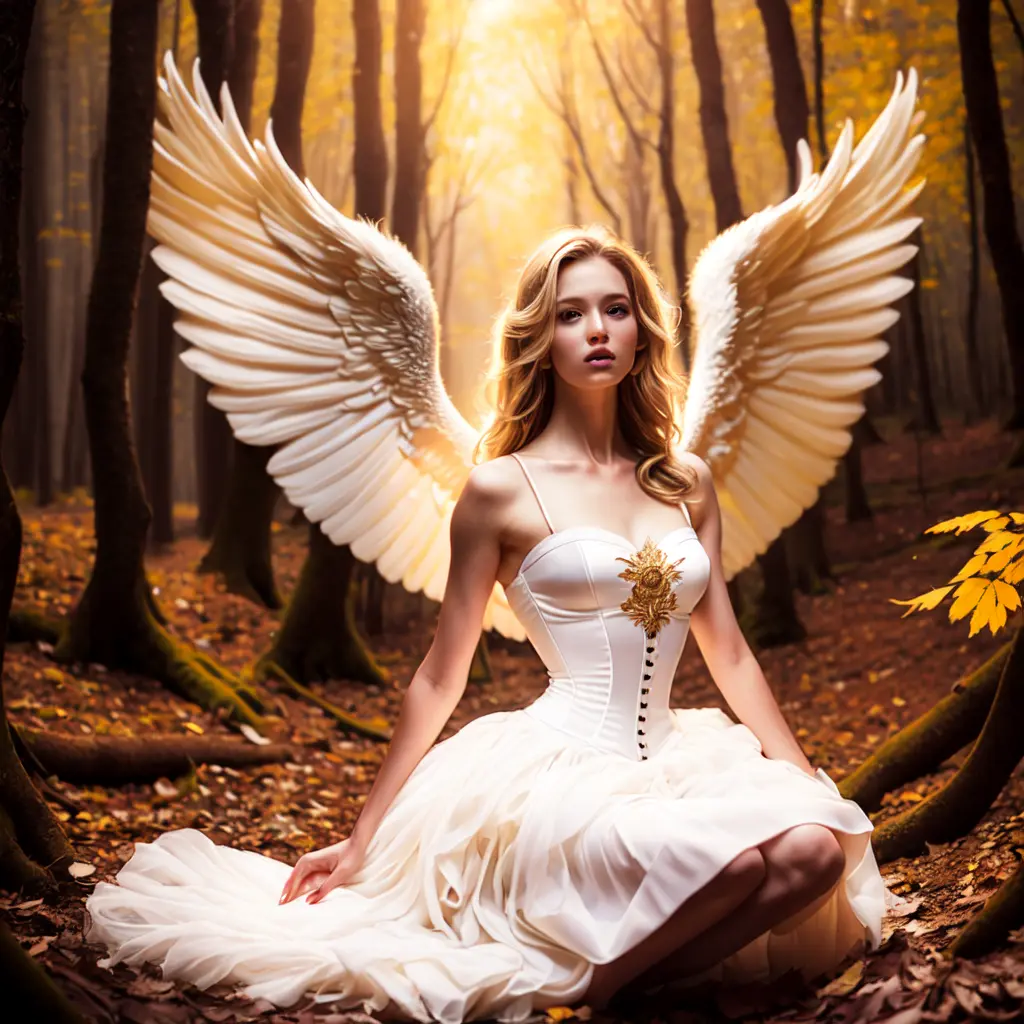 photo (fallenangel style:1) a digital painting of an (attractive:1) golden angel sitting in the middle of a forest wearing a white silk corset and ballerina skirt <lora:djzFallenAngelV21:1>