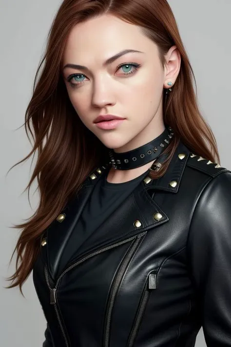 Picture, high quality, beautiful Koh_ViolettBeane, serious face, wearing leather jacket with iron studs, black choker, close up portrait, art gallery, perfect eyes, sharp focus