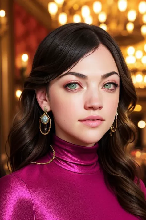 Picture, high quality, beautiful Koh_ViolettBeane, black wavy hair, serious face, wearing pink turtleneck dress, golden jeweled choker, big earrings, close up portrait, (exclusive restaurant interior:1.1), perfect eyes, sharp focus, chandeliers, opullence