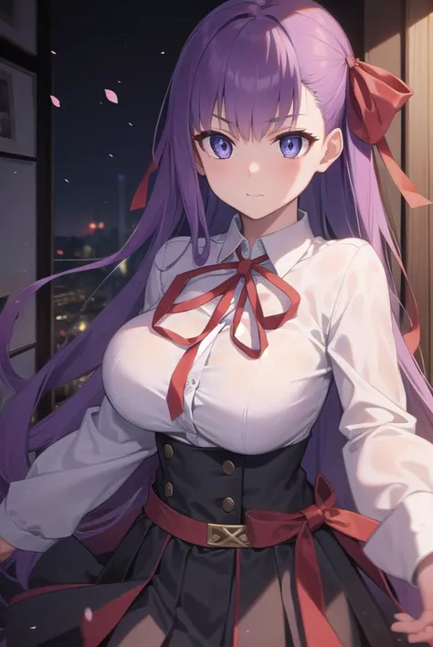 fgobb, <lyco:fgobb-lyco-nochekaiser:1>,
bb, purple hair, long hair, bangs, (purple eyes:1.1), (medium breast:1.2),
BREAK black jacket, black skirt, collared shirt, hair ribbon, high-waist skirt, jacket, long sleeves, neck ribbon, open clothes, open jacket, pleated skirt, red ribbon, ribbon, shirt, skirt, sleeves past wrists, (white shirt:1.5), wide sleeves,
BREAK looking at viewer,
BREAK indoors,
BREAK <lyco:GoodHands-beta2:1>, (masterpiece:1.2), best quality, high resolution, unity 8k wallpaper, (illustration:0.8), (beautiful detailed eyes:1.6), extremely detailed face, perfect lighting, extremely detailed CG, (perfect hands, perfect anatomy),