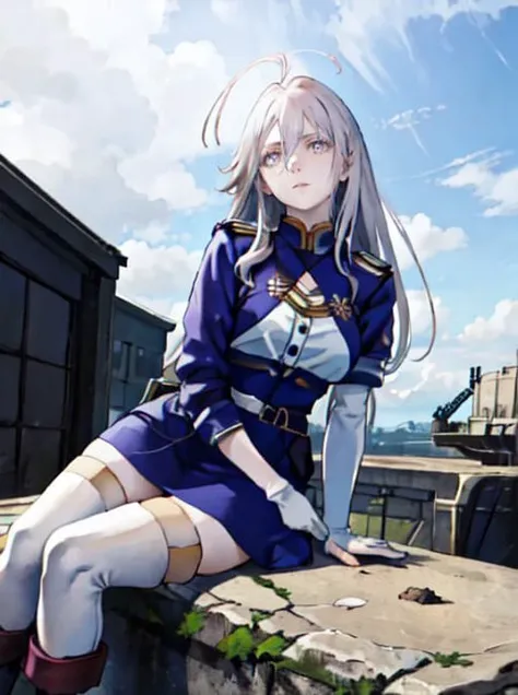 lena,masterpiece, absurdres, highres, cinematic, full HD, 8k, intricate detail, ultra detailed, cinematic lighting, 1girl, pov, silver hair, (((grey eyes))), white eyebrow, white eyelashes, ((pale skin)), looking at viewer, narrow waist, (large breast), (white thighhighs), san magnolia blue and white military uniform, science fiction, military base, outdoor <lora:vladilenaMiliz86Eighty_v20:1>
