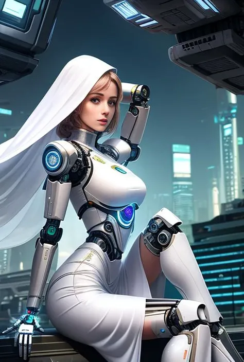 woman, 8k, realistic, photo-realistic, highest quality, best quality, masterpiece, highly detailed, cinematic lighting, full body, (female torso:1.4), (robot legs arms:1.3), wide hips, tatoos, side view, (utopian futuristic city:1.4), street, vines, (white long dress:1.3)