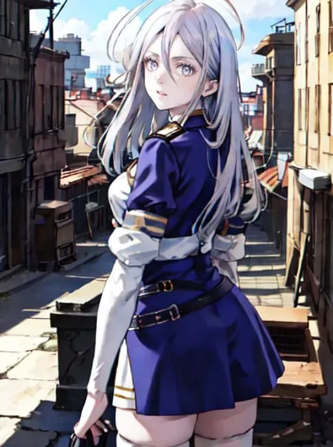 vladilena millize, lena,masterpiece, absurdres, highres, cinematic, full HD, 8k, intricate detail, ultra detailed, cinematic lighting, 1girl, silver hair, (((light silver eyes))), white eyebrow, white eyelashes, ((pale skin)), looking at viewer, narrow waist, (large breast), (white thighhighs), san magnolia military uniform, blue boots, science fiction, dystopia military airbase, outdoor, scenery, from behind back pov, body turned to the left <lora:vladilenaMiliz86Eighty_v20:1>