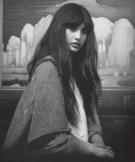 black and white, masterpiece engraving, woman, long dark hair, curtain bangs, long dark hair, curtain bangs, big brown eyes, eyeliner, mascara, tall, brown skin, prominent cheekbones, strong jawline, full lips,  by Franklin Booth, by Gustave Dore, <lora:Jameela_Jamil_sd1.5_v0.10:1.1>,  <lora:Franklin_Booth_sd1.5_v1:1.1>