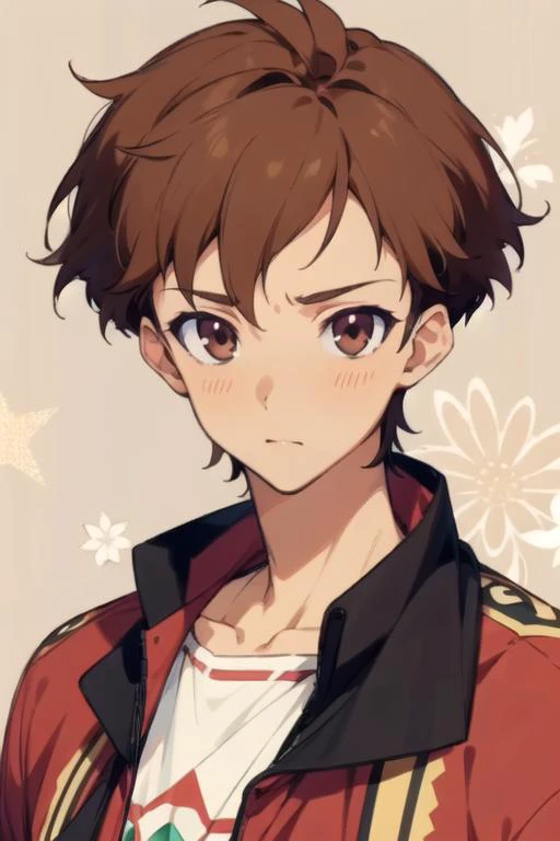 masterpiece, best quality, wallpaper, 1boy, solo, male focus, looking at viewer, upper body, , <lora:arato_endou:0.72>, arato_endou, brown hair, brown eyes, , aztec, High definition