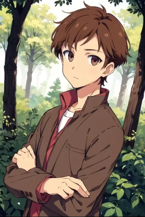 masterpiece, best quality, sketch, 1boy, solo, male focus, looking at viewer, upper body, , <lora:arato_endou:0.72>, arato_endou, brown hair, brown eyes, timber costume, The Enchanted Forest,