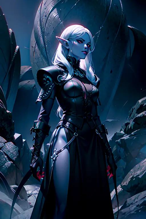 sinister dark elf with striking red eyes and skin as dark as charcoal, standing tall amidst a mystical realm. A highly detailed digital painting with intricate details by Greg Rutkowski and Artgerm. The artwork is beautifully lit with soft cinematic light and embellished with Adobe Lightroom, Photolab, and HDR effects to create a stunning and immersive experience.
<lora:Dark Elf V2:1>