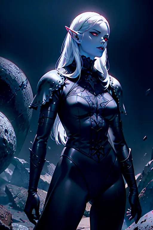 sinister dark elf with striking red eyes and skin as dark as charcoal, standing tall amidst a mystical realm. A highly detailed digital painting with intricate details by Greg Rutkowski and Artgerm. The artwork is beautifully lit with soft cinematic light and embellished with Adobe Lightroom, Photolab, and HDR effects to create a stunning and immersive experience.
<lora:Dark Elf V2:1>