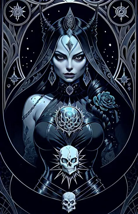 Margot Robbie, malice, skulls, tendrils, dark atmosphere, greyscale, detailed linework, cinematic, psychedelic, black paper with vibrant turqoise line work, ornate, symmetrical, tarot card, highly detailed, ink illustration, style of peter mohrbacher, golden ratio <lora:Dark Elf V2:1>