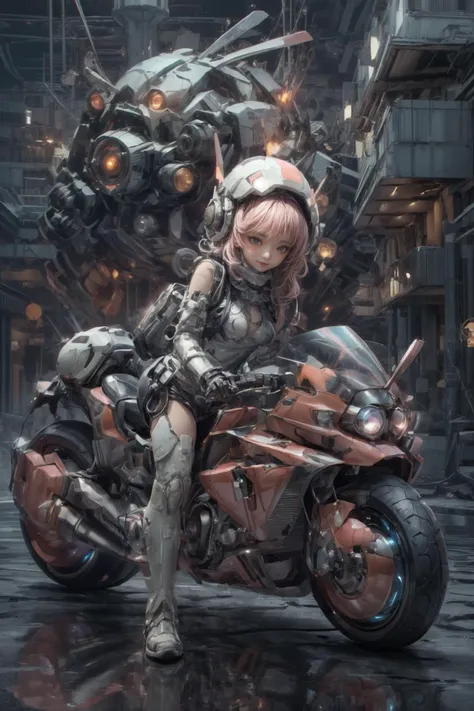 realistic, photorealistic, best quality, masterpiece, ultra high res, finely detailed, quality, realistic lighting, detailed skin, intricate details, raw photo, absurdres, highres, ultra detailed, BREAK, 1girl, solo, looking at viewer, , poster, portrait, close up, key visual, beautifu and aesthetic face, nice hands, (hand of Guido Daniele:1.5), detailed background, detailed face, (riding a pink akirabike In the ruins of a cyberpunk city after a thermonuclear war, akirabike, broken neon signs hanging from buildings, neon signs, scifi metal breastplate shining coldly, front view, Lots of exposed broken cables, cute girl is driving a motorcycle on reflective floor, fenhong, low angle shot, chibi, white bodysuit, baby_face, childish, side view, headphones, glass:1.4_mask_helmet, cat_ear_helmet, bare shoulders, cybernetic, mecha suit, futuristic, combat attire , mix of organic and inorganic, exposed circuitry, massive scale, mono-eyed, weaponized, polished metal, futuristic background, mechanical beauty, technology wonder, full body, BJ_Cute_Mech, holding, weapon, holding_weapon, armor, gun, helmet, clenched_hand, holding_gun, mecha_musume, power_armor:1.5), (film view, Exaggerated Perspective, pink theme, pink outfit, pink braids:1.4), (detailed light, beautiful detailed glow, pink long hair, colored inner hair, pearl, pink_eyes, pink hair, clean facial features, an extremely delicate and beautiful, cute & girly, beautiful detailed eyes, stars in the eyes:1.3), (sexy, slim, large breasts, skinny, slim_legs, long legs, narrow waist, model pose:1.1), (smile, blush, Pink lips, Glowing Eyes, perfect face, detailed pupils, Makeup:1.1), (eye focus, face focus, character focus, close-up face:1.3), (dynamic pose, dynamic angle, dutch angle, cowboy shot:1.4), (reflection, refraction, Rembrandt lighting, diffuse lighting, radiosity, photon mapping, subsurface scattering, atmospheric lighting, dynamic lighting, Multi-exposure HDR capture, Screen Space Global Illumination, Ray Tracing, Lumen Reflections, Tone Mapping, volumetric lighting, Circular polarizer, broad lighting, dramatic lighting, moody lighting:1.3), (explosive light and shadow, lens flare, light particle, lens glare, light particles, Luminescent Particles, floating particles, particles:1.2), (depth of field, blurry foreground, sharp focus, perspective, aerial perspective, film grain, film:1.4), (colorful refraction, iridescent colors, Iridescence:1.1), (dark studio, rim lighting, two tone lighting, dimly lit, low key, rim light, dark theme), (watercolor style, soft blending, dreamy washes, delicate textures, brilliant colors, action painting, gestural marks, dynamic brushwork, expressive motion, spontaneous technique, abstract expressionism, energetic compositions, action pose, vibrant glow, dynamic colors, reflective surfaces, girly style, delicate accessories, Overdetailed art, Water color painting, ornaments detailed:1.1), (atmosphere, Cosy, Peaceful, Hopeful:1.1), (Glowing ambiance, enchanting radiance, luminous lighting, ethereal atmosphere, mesmerizing glow, evocative hues, captivating coloration, enchanting aura, melanchonic soft light:1.1), official art, beautiful and aesthetic, beautiful, (zentangle, mandala, tangle, entangle), (ecstasy of flower:1.1), the most beautiful form of chaos, elegant, a brutalist designed, vivid colours, romanticism, atmospheric, warm tone, soft light, (fractal art), BREAK, delicate, Ultrarealistic, drawing, Detailed illustration, extremely detailed CG Unity 8k wallpaper, cinematic, dramatic, PBR Texturing, huge filesize, 8k uhd, octane render, unreal engine 5, BREAK, <lora:epiNoiseoffset_v3:1.65>, <lora:add_detail:0.65>, <lora:more_details:0.65>, <lora:GoodHands-beta2:1>, <lora:LowRA:0.65>, <lora:akirabikev0.2:0.9>, <lora:pink cat:0.3> , <lora:Cute_Mech_style(4080):0.3>, <lora:softmecha-V5:0.6>