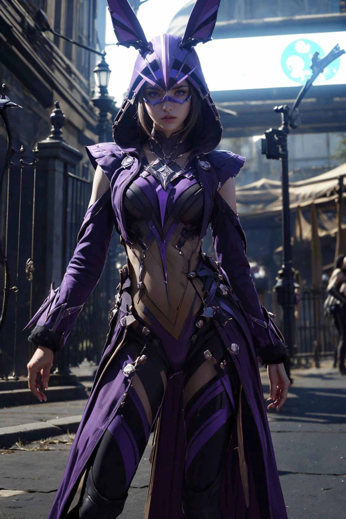 ((masterpiece,best quality)), absurdres,
<lora:Electro_Cicin:0.6>, Electro_Cicin, solo,
purple electricity in background, cinematic composition, dynamic pose, <lora:softmecha:0.3>,