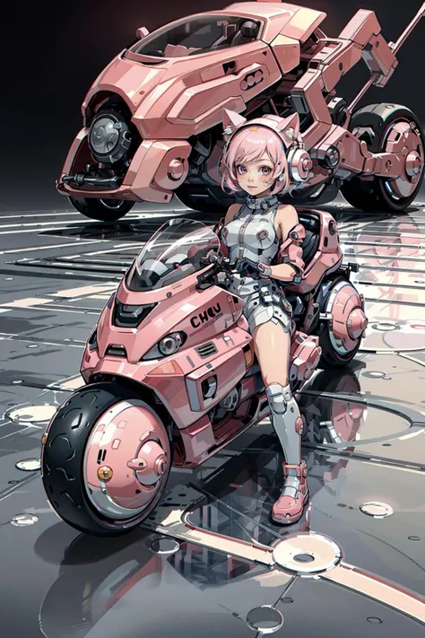 Best quality,masterpiece,ultra high res,(photorealistic:1.4),masterpiece,(bestquality),hyper-detailed,ultra-detailed,low angle shot,(1 cute_girl:1.2),(chibi),white bodysuit,(big smile:1.2),(pink hair:1.4),(baby_face, childish),(long legs),red blush,(cute girl is driving a motorcycle on reflective floor:1.4),side view,headphones,glass:1.4_mask_helmet,(cat_ear_helmet),bare shoulders,(cybernetic),(mecha suit),(futuristic),(combat attire),(mix of organic and inorganic),(exposed circuitry),(massive scale),(mono-eyed),(weaponized),(polished metal),(futuristic background),(mechanical beauty),(technology wonder),full body,<lora:softmecha-000003:0.6>,<lora:akirabikev0.2:0.7>,<lora:baby_face_v1:0.6>,<lora:EggmanTech:0.3>,