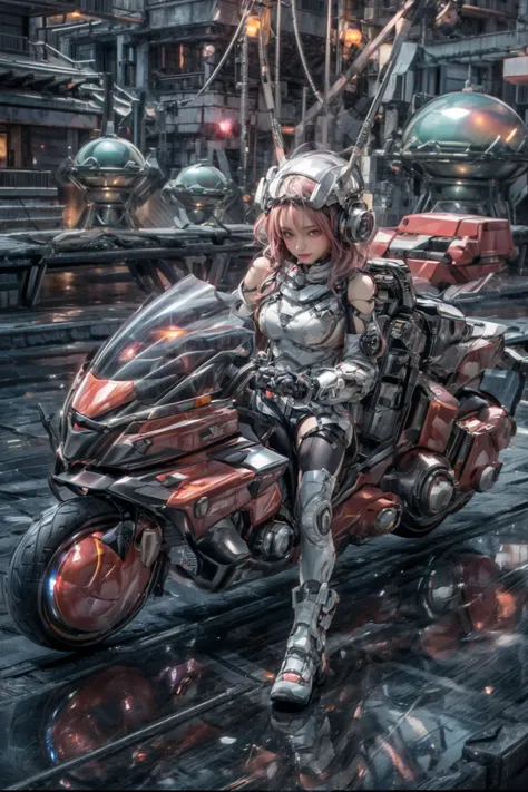 realistic, photorealistic, best quality, masterpiece, ultra high res, finely detailed, quality, realistic lighting, detailed skin, intricate details, raw photo, absurdres, highres, ultra detailed, BREAK, 1girl, solo, looking at viewer, 16 years old, poster, portrait, close up, key visual, beautifu and aesthetic face, nice hands, (hand of Guido Daniele:1.5), detailed background, detailed face, (riding a pink akirabike In the ruins of a cyberpunk city after a thermonuclear war, akirabike, broken neon signs hanging from buildings, neon signs, scifi metal breastplate shining coldly, front view, Lots of exposed broken cables, cute girl is driving a motorcycle on reflective floor, fenhong, low angle shot, chibi, white bodysuit, baby_face, childish, side view, headphones, glass:1.4_mask_helmet, cat_ear_helmet, bare shoulders, cybernetic, mecha suit, futuristic, combat attire , mix of organic and inorganic, exposed circuitry, massive scale, mono-eyed, weaponized, polished metal, futuristic background, mechanical beauty, technology wonder, full body, BJ_Cute_Mech, holding, weapon, holding_weapon, armor, gun, helmet,  clenched_hand, holding_gun, mecha_musume, power_armor:1.5), (film view, Exaggerated Perspective, pink theme, pink outfit, pink braids:1.4), (detailed light, beautiful detailed glow, pink long hair, colored inner hair, pearl, pink_eyes, pink hair, clean facial features, an extremely delicate and beautiful, cute & girly, beautiful detailed eyes, stars in the eyes:1.3), (sexy, slim, large breasts, skinny, slim_legs, long legs, narrow waist, model pose:1.1), (smile, blush, Pink lips, Glowing Eyes, perfect face, detailed pupils, Makeup:1.1), (eye focus,  face focus, character focus, close-up face:1.3), (dynamic pose, dynamic angle, dutch angle,  cowboy shot:1.4), (reflection, refraction, Rembrandt lighting, diffuse lighting, radiosity, photon mapping, subsurface scattering, atmospheric lighting, dynamic lighting, Multi-exposure HDR capture, Screen Space Global Illumination, Ray Tracing, Lumen Reflections, Tone Mapping, volumetric lighting, Circular polarizer, broad lighting, dramatic lighting, moody lighting:1.3), (explosive light and shadow, lens flare, light particle, lens glare, light particles, Luminescent Particles, floating particles, particles:1.2), (depth of field, blurry foreground, sharp focus, perspective, aerial perspective, film grain, film:1.4), (colorful refraction, iridescent colors, Iridescence:1.1), (dark studio, rim lighting, two tone lighting, dimly lit, low key, rim light, dark theme), (watercolor style, soft blending, dreamy washes, delicate textures, brilliant colors, action painting, gestural marks, dynamic brushwork, expressive motion, spontaneous technique, abstract expressionism, energetic compositions, action pose, vibrant glow, dynamic colors, reflective surfaces, girly style, delicate accessories, Overdetailed art, Water color painting, ornaments detailed:1.1), (atmosphere, Cosy, Peaceful, Hopeful:1.1), (Glowing ambiance, enchanting radiance, luminous lighting, ethereal atmosphere, mesmerizing glow, evocative hues, captivating coloration, enchanting aura, melanchonic soft light:1.1), official art, beautiful and aesthetic, beautiful, (zentangle, mandala, tangle, entangle), (ecstasy of flower:1.1), the most beautiful form of chaos, elegant, a brutalist designed, vivid colours, romanticism, atmospheric, warm tone, soft light, (fractal art), BREAK, delicate, Ultrarealistic, drawing, Detailed illustration, extremely detailed CG Unity 8k wallpaper, cinematic, dramatic, PBR Texturing, huge filesize, 8k uhd, octane render, unreal engine 5, BREAK, <lora:epiNoiseoffset_v3:1.65>, <lora:add_detail:0.65>, <lora:more_details:0.65>, <lora:GoodHands-beta2:1>, <lora:LowRA:0.65>,  <lora:akirabikev0.2:0.9>, <lora:pink cat:0.3> , <lora:Cute_Mech_style(4080):0.3>, <lora:softmecha-V5:0.6>