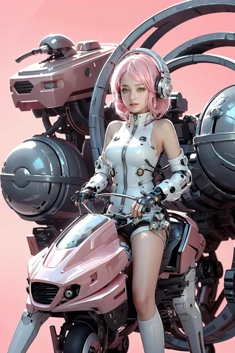 Best quality,masterpiece,ultra high res,(photorealistic:1.4),masterpiece,(bestquality),hyper-detailed,ultra-detailed,low angle shot,(1 girl riding a robot:1.2),white bodysuit,(light smile:1.2),(pink hair:1.4),(baby_face, childish),red blush,headphones,glass_helmet,(cat_ear_helmet),bare shoulders,(cybernetic),(mecha suit),(futuristic),(combat attire),(mix of organic and inorganic),(exposed circuitry),(massive scale),(mono-eyed),(weaponized),(polished metal),(futuristic background),(mechanical beauty),(technology wonder),<lora:softmecha-000003:0.6>,<lora:akirabikev0.2:0.7>,<lora:baby_face_v1:0.3>,<lora:EggmanTech:0.5>,