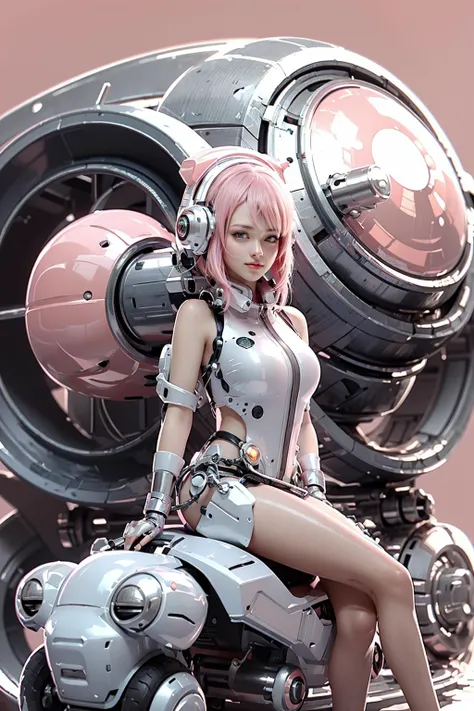 Best quality,masterpiece,ultra high res,(photorealistic:1.4),masterpiece,(bestquality),hyper-detailed,ultra-detailed,low angle shot,(1 girl riding a robot:1.2),white bodysuit,(light smile:1.2),(pink hair:1.4),(baby_face, childish),red blush,headphones,glass_helmet,(cat_ear_helmet),bare shoulders,(cybernetic),(mecha suit),(futuristic),(combat attire),(mix of organic and inorganic),(exposed circuitry),(massive scale),(mono-eyed),(weaponized),(polished metal),(futuristic background),(mechanical beauty),(technology wonder),<lora:softmecha-000003:0.6>,<lora:akirabikev0.2:0.7>,<lora:baby_face_v1:0.3>,<lora:EggmanTech:0.7>,