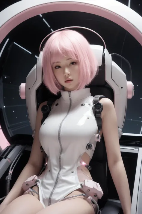 <lora:softmecha:0.6>, best quality, masterpiece, illustration, (realistic, photo-realistic:1.37), amazing, finely detail, incredibly absurdres, huge filesize, ultra-detailed, highres, extremely detailed CG unity 8k wallpaper, ray tracing, (nsfw), (nude:1.2), 1girl, orgasm, large breasts, blush, A cute young Korean girl sits in the cockpit of a sleek futuristic pod flying through a fantasy virtual space. Her stylish pink bob cut hair flows backwards. She has bright pink cybernetic eyes. Her minimalist white bodysuit has an open zipper in the front with both sides pulled open, fully exposing her torso. Glowing pink circuit lines decorate her bare skin. She relaxes in the pilot seat as glowing streams trail behind the pod. In the distance is a futuristic mecha suit matching her speed. She embodies femininity, style and technological power.