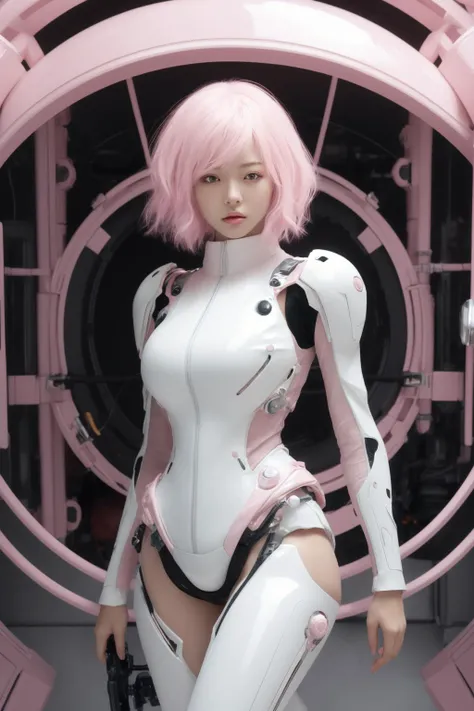 <lora:softmecha:0.7>, best quality, masterpiece, illustration, (realistic, photo-realistic:1.37), amazing, finely detail, incredibly absurdres, huge filesize, ultra-detailed, highres, extremely detailed CG unity 8k wallpaper, ray tracing, nsfw, nude, 1girl, orgasm, large breasts, blush, A cute young Korean girl rides a sleek pink heavy motorcycle in a fantasy virtual space. Her stylish pink bob cut hair flows backwards. She has bright pink cybernetic eyes. Her minimalist white bodysuit has an open zipper in the front exposing her entire front torso. Glowing pink circuit lines decorate her bare skin. She leans forward riding the motorcycle, her arms and legs emanating white and pink glows trailing behind. In the distance is a futuristic mecha suit matching her speed through the virtual reality. She embodies femininity, style and technological power.