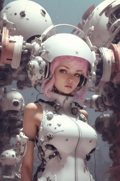 Best quality,masterpiece,ultra high res,(photorealistic:1.4),masterpiece,(bestquality),hyper-detailed,ultra-detailed,(1 girl:1.2),white bodysuit,wihte hair,(soft smile),mecha girl,(headphones:1.2),glass helmet,(cybernetic),bare shoulders,(mecha suit),(futuristic),(combat attire),(mix of organic and inorganic),(exposed circuitry),(hovering,(massive scale),(weaponized),(gleaming metal),(futuristic background),(mechanical beauty),(technology wonder),upper body,,,,,,<lora:softmecha-000003:0.8>,,,
