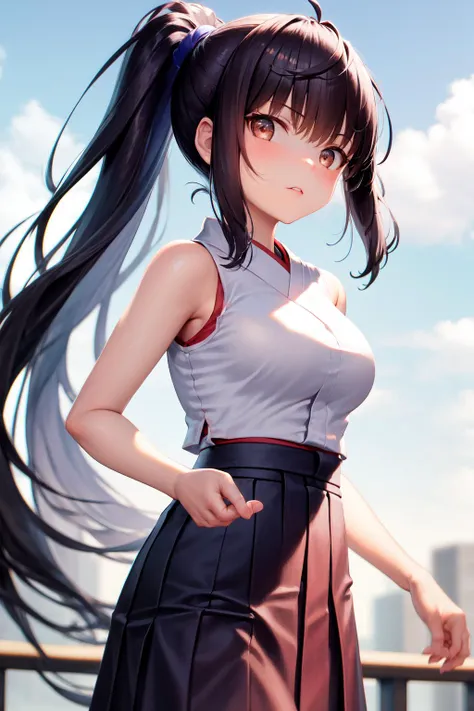 masterpiece, best quality, highres, 1girl shizuku high ponytail, (miko, hakama skirt:1.4) <lora:shizuku_yaegashi:1>