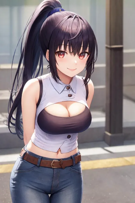 masterpiece, best quality, highres, 1girl shizuku high ponytail, white shirt white sleeveless shirt belt denim pants black bra cleavage cutout <lora:shizuku_yaegashi:1> leaning forward, arms behind back, smile