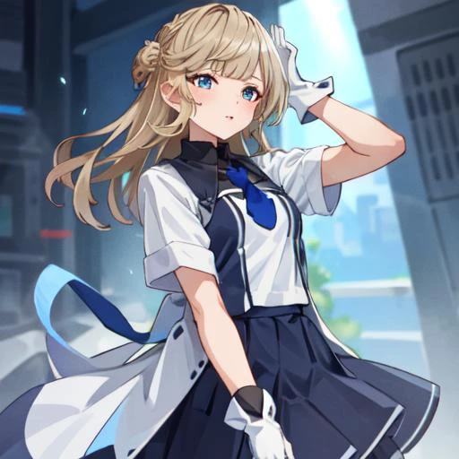 1girl, solo focus,
RangerKC, (blue and white)_two-tone dress, (blue skirt), short sleeves, blue necktie, white gloves, pantyhose, side braids,
BREAK, oblique portrait view,
<lora:Ranger-10:0.9>