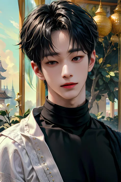 masterpiece, best quality, realistic, 1man, male focus, tall, handsome, smile, closed mouth, red shirt and black pants, portrait, extremely detailed face, monsoon season,korean face, idol face, sharp eyeline, short brown hair, cinematic lightning, foggy background with mapel leaves, thin man , mapel forest
