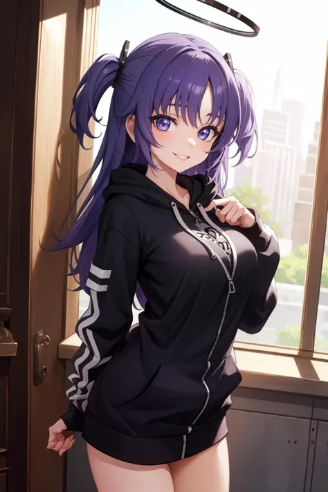 1girl, (anime style) ,<lora:yuuka:1> purple eyes , purple hair,halo, two side up ,yuuka ba , hoodie , zip on hoodie , half unziped hoodie , breasts flashing , smile , looking at viewer , HDR , 8k ,masterpiece
