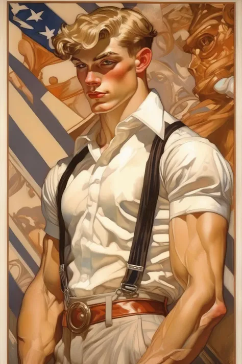<lora:J.C. Leyendecker Style:1>J.C. Leyendecker Style - handsome young muscular man, in the style of J.C.Leyendecker