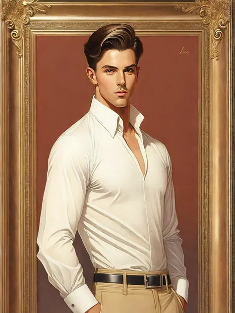 <lora:J.C.Leyendecker:1>a painting of a man in a white shirt and tan pants with his hands on his hips by J.C. Leyendecker