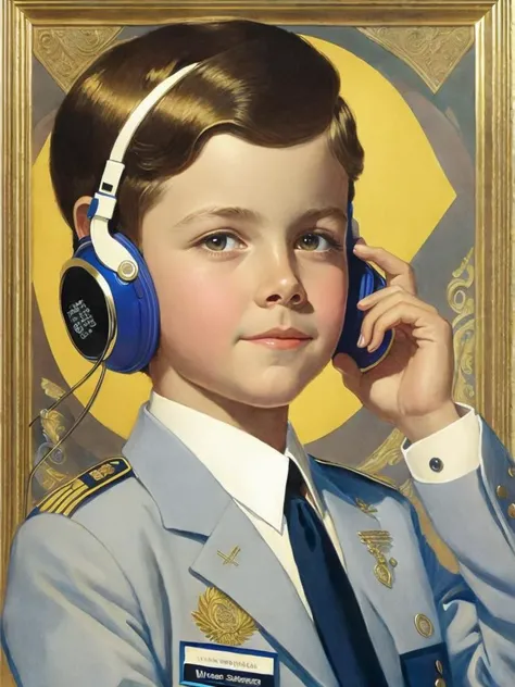 <lora:J.C.Leyendecker:1>a painting of a boy in a uniform talking on a cell phone and wearing a headset by J.C. Leyendecker