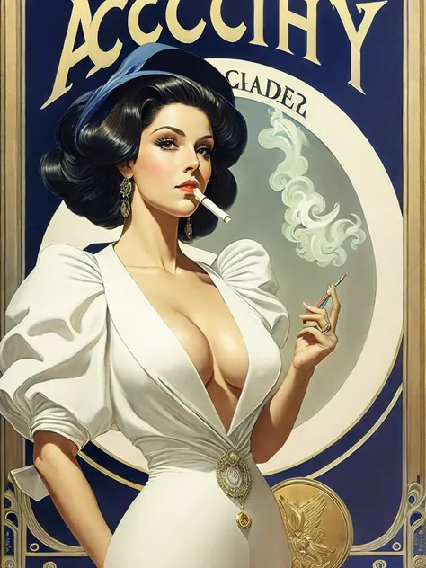 <lora:J.C.Leyendecker:1>a painting of a woman smoking a cigarette in front of a sign that says alchemy by J.C. Leyendecker