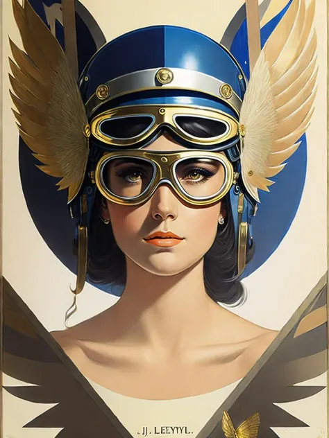 <lora:J.C.Leyendecker:1>a painting of a woman with wings and goggles on her head and a helmet on her head by J.C. Leyendecker