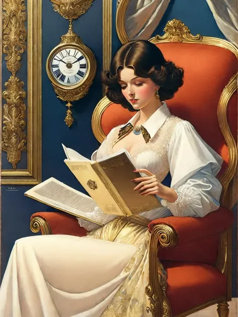 <lora:J.C.Leyendecker:1>a painting of a woman reading a book in a chair with a clock in the background by J.C. Leyendecker