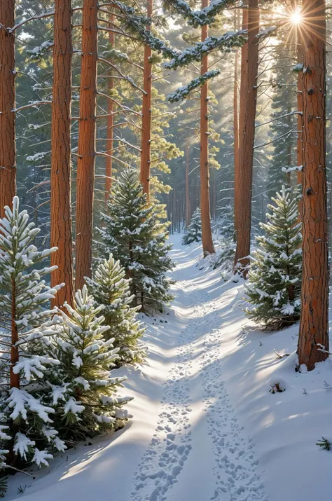 Snow-covered trail winding through a pine forest, soft sunlight filtering through the trees, peaceful and serene winter scene
(masterpiece, award winning artwork)
many details, extreme detailed, full of details,