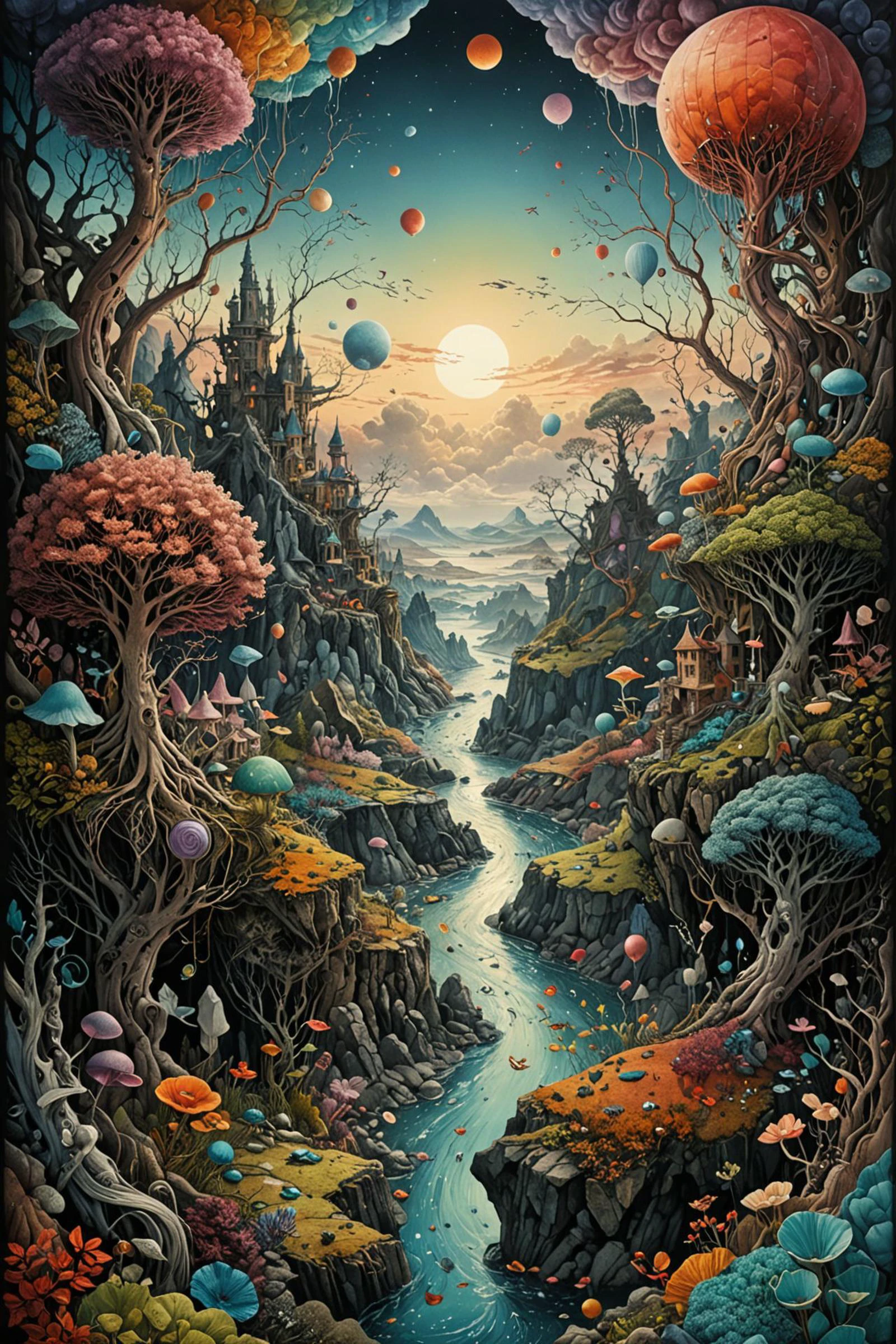 Fine art printmaking depicting a surreal dreamscape with surrealistic elements.
intricate details.
masterpiece, award winning artwork)
many details, extreme detailed, full of details,
Wide range of colors, high Dynamic
<lora:add-detail-xl:1>
<lora:WildcardX-XL-Detail-Enhancer:0.7>