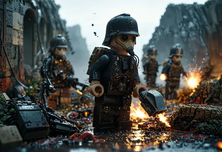 Lego 3D diorama, battle scene involving the Lego Death Korps of Krieg, Lego Krieg soldiers, Lego soldiers wearing (Lego gas masks:1.3), Lego trench warfare, Lego sandbags, Lego barbed wire, Lego mud, Lego craters, Lego bunkers, cinematic light, Professional Art, many details, extreme detailed, full of details, dark, Dramatic, Dynamic,Cinematic,Sharp details, Insane quality, Insane resolution, Insane details, Masterpiece, 32k resolution, <lora:Lego_Cinematic_Lora:1>, <lora:Death-Korps:1.2> <lora:MJ52:0.8>