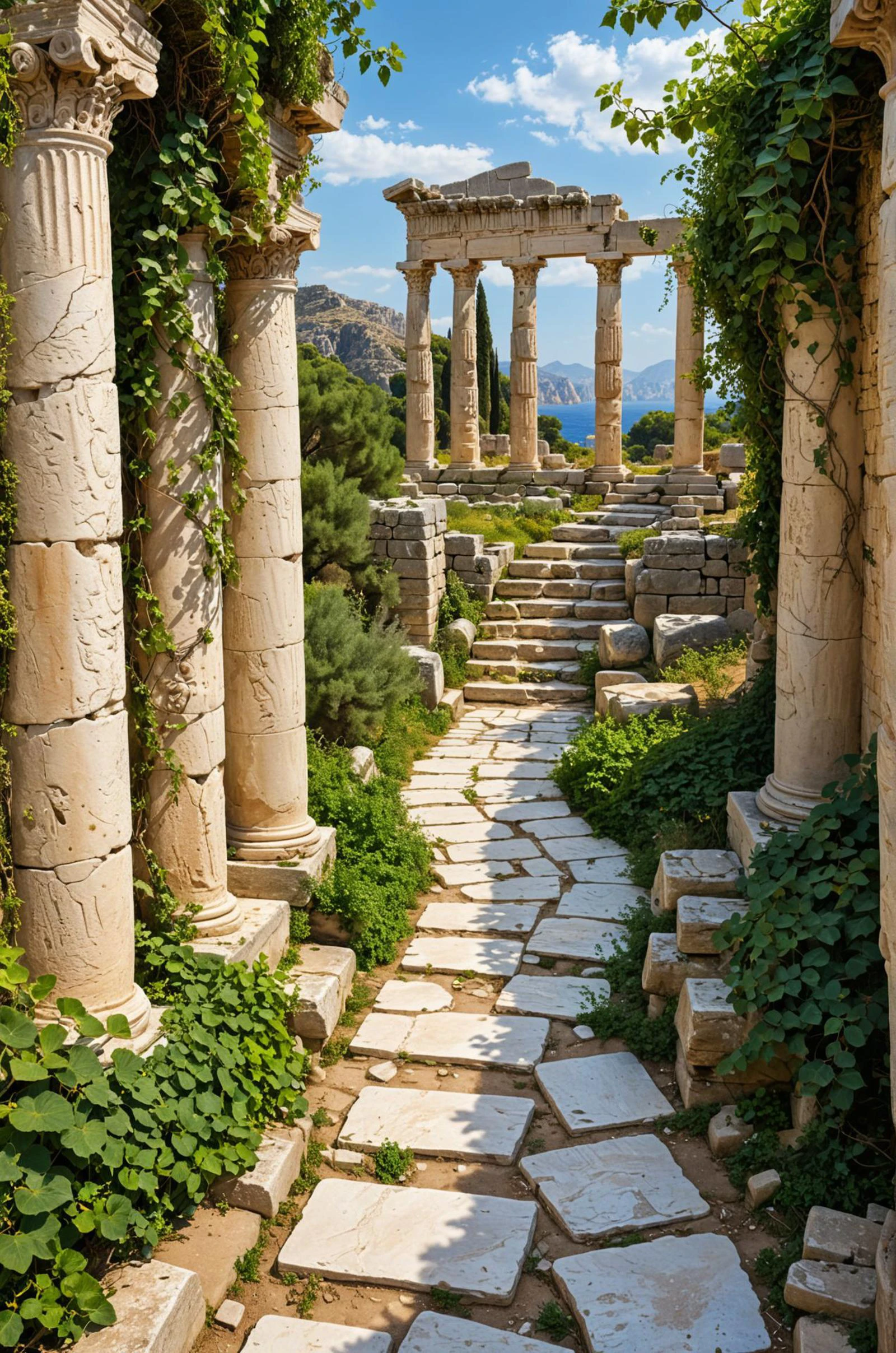 Stone pathway winding through an ancient Greek ruins, columns and statues lining the way, overgrown with vines, historical and majestic
(masterpiece, award winning artwork)
many details, extreme detailed, full of details,