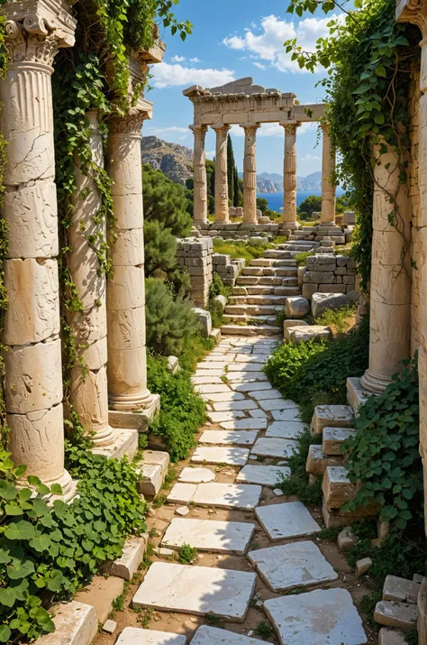 Stone pathway winding through an ancient Greek ruins, columns and statues lining the way, overgrown with vines, historical and majestic
(masterpiece, award winning artwork)
many details, extreme detailed, full of details,