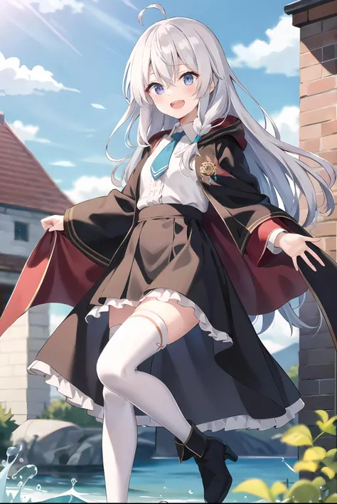 (masterpiece, best quality, highres),
<lora:elaina_v06:0.8>, elaina, solo, skirt, white legwear, shirt, smile, long hair, open mouth, sky, white shirt, thighhighs, blue necktie, looking at viewer, :d, long sleeves, boots, white thighhighs, upper teeth only, cloak, brown skirt, water drop, cloud, teeth, high heels, black footwear, frills, braid, outdoors, high-waist skirt, collared shirt, robe, black robe, open robe