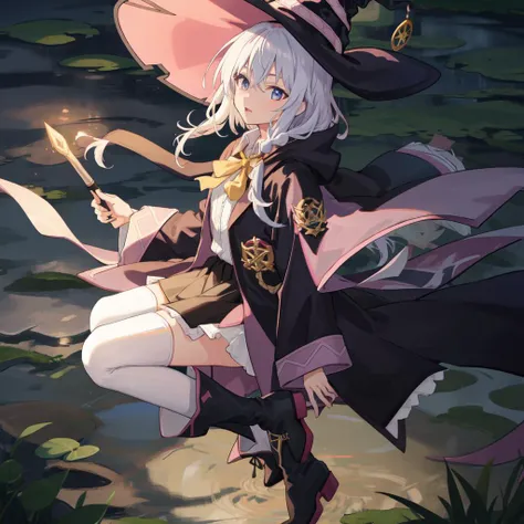 long / short hair, floating hair, braid, hair bundle,yellow hair band, hair bow, pink bow,hat, witch hat, black headwear,shirt, white shirt, collared shirt,yellow bowtie, neck bowtie, ribbon, neck ribbon,witch, robe, black robe, open robe, wide sleeves, black skirt dress, capelet, jacket, pajamas etc, boots, black footwear, pointy footwearbadge, wand, animal ears, thighhighs, twilight,rice paddy, <lora:elaina_v06:0.8>