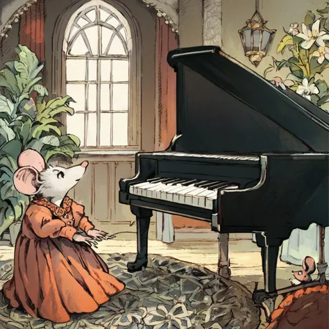 score_9, score_8_up, score_7_up, mouse, wearing a dress, indoors, 1girl, piano, by arnold lobel <lora:LobelForPony:1>