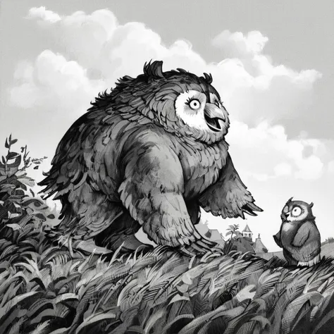 score_9, score_8_up, score_7_up, farm fields, monochrome, owlbear, by arnold lobel <lora:LobelForPony:1>