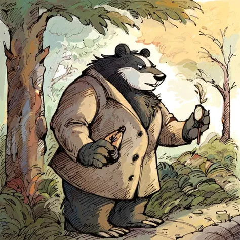 score_9, score_8_up, score_7_up, anthropomorphic badger, outdoors, trees, wearing a trench coat, illustration by Arnold Lobel <lora:LobelForPony:1>