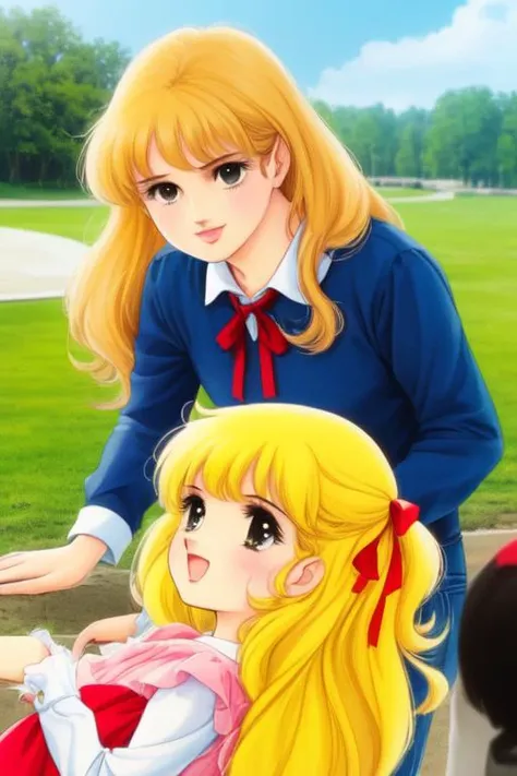 ((((perfect-cinematic-8k-masterpiece-cinematically-realistic-likeness-perfect, perfect-cinematic-masterpiece-anatomy-perfect, cutest--facefect, outdoors-surroundings-perfect, 8k-detailed-1girl-solo-perfect, over-exaggerated-8k-accentuated-details-perfect)))) (((official-style, official-style-genuine, official-style-perfect, perfect-not-at-all-shy-or-ashamed-perfect))) <lora:old-school-shoujo-style:1>1980s-style, retro-artstyle, blonde, teenage-girl, long-hair, red-ribbon